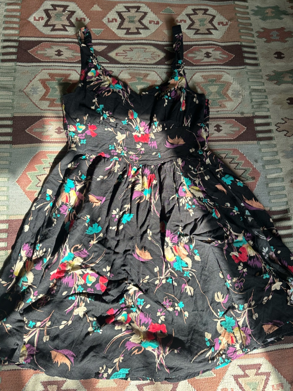 Vintage Size L Floral Sundress with Teal & Pink Blooms